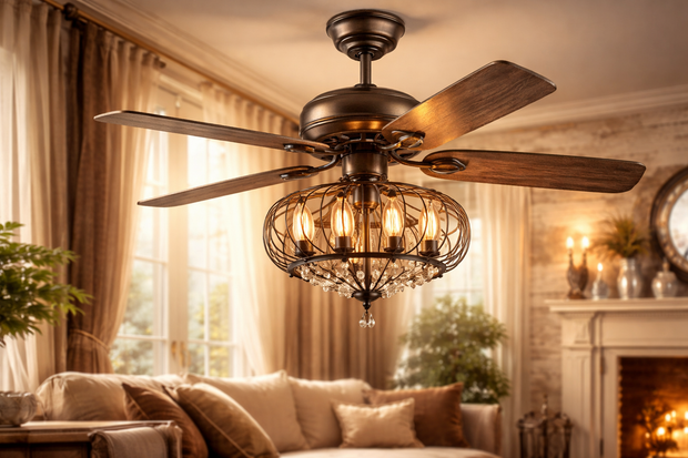 Lustre ventilateur vintage en métal bronze et pales en bois, éclairage style industriel avec ampoules Edison, installé dans un salon chaleureux au style rétro chic