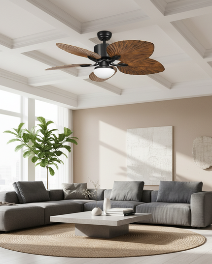 Lustre Ventilateur 5 Pales Palmier Bois Inverter - B - Ø 60 cm - Ou