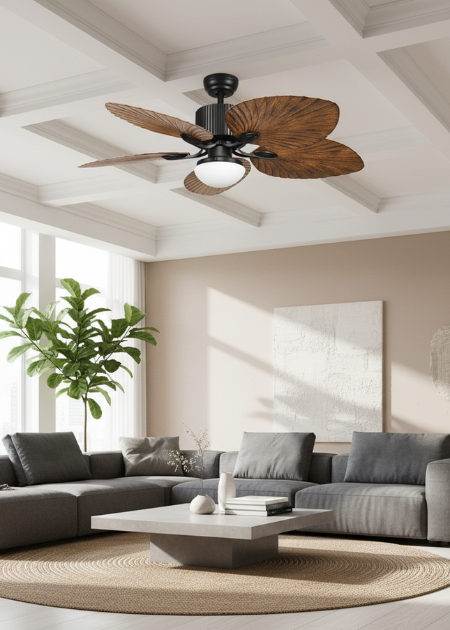 Lustre Ventilateur 5 Pales Palmier Bois Inverter - B - Ø 60 cm - Ou