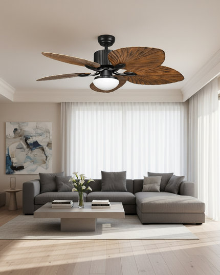 Lustre Ventilateur 5 Pales Palmier Bois Inverter - Noir