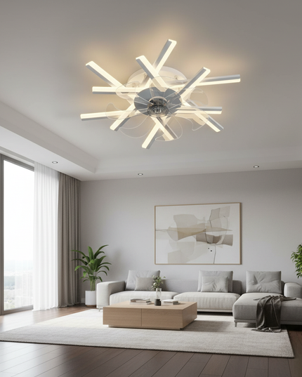 Lustre Ventilateur Acrylique Luxe Doré - Blanc 12 Têtes / Dimmin infini