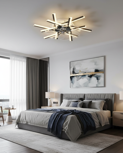 Lustre Ventilateur Acrylique Luxe Doré - Tête noire à 12 faces / Dimmin infini