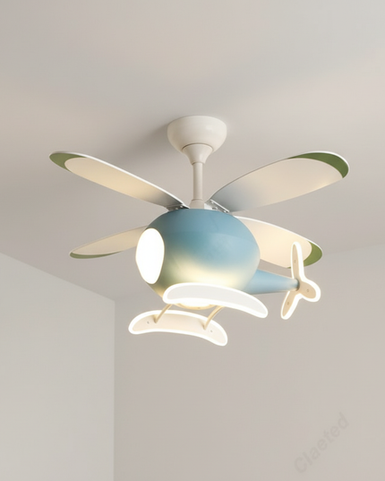 Lustre Ventilateur Avion LED Enfant - A - Noyer Ø 142 cm / radio / Lumière tricolore