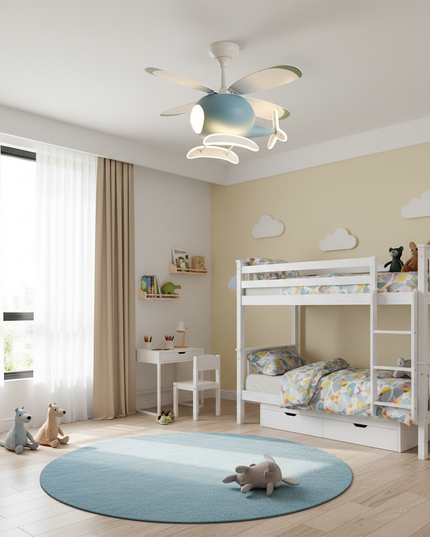 Lustre Ventilateur Avion LED Enfant - A - Noyer Ø 142 cm / radio / Lumière tricolore