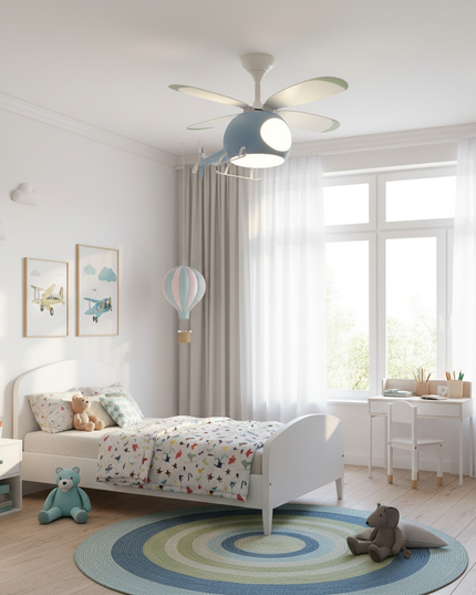 Lustre Ventilateur Avion LED Enfant - B - Noyer Ø 142 cm / radio / Lumière tricolore