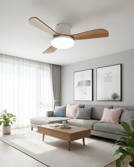 Lustre Ventilateur Bois LED 3 Couleurs - Modèle 3 / 52 pouces / 220 V