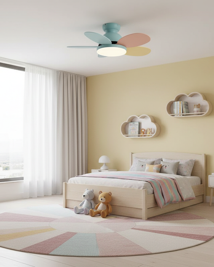 Lustre Ventilateur Bois Moderne Réversible Enfant - Feuilles de couleur bleue / 36 pouces