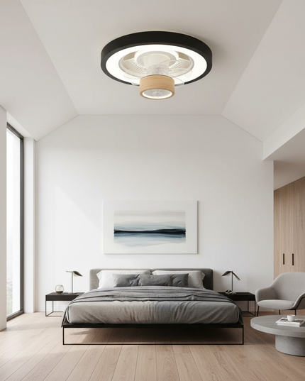 Lustre Ventilateur Bois Ultra-Fin Scandinave - 105 cm - Noir / Télécommande à intensité variable 220 V