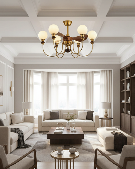 Lustre Ventilateur Bois Verre Mid-Century LED - Modèle 3 / 110 V