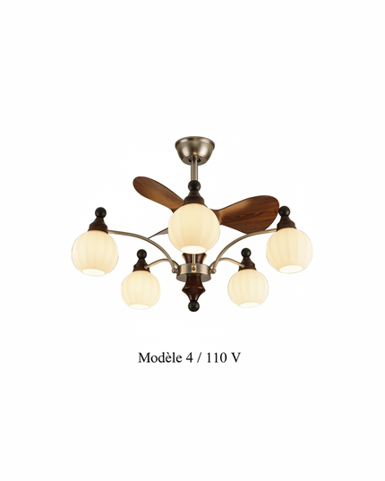 Lustre Ventilateur Bois Verre Mid-Century Réversible - Modèle 4 / 110 V