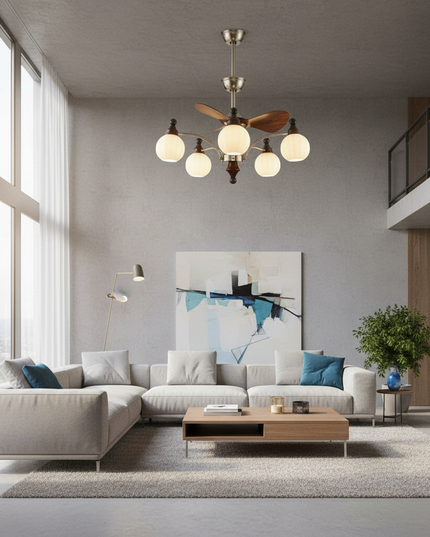 Lustre Ventilateur Bois Verre Mid-Century Réversible - Modèle 4 / 110 V