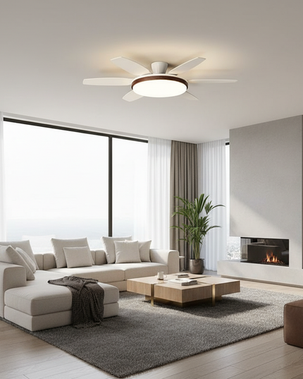 Lustre Ventilateur Crème Bois Noyer Rétro LED - B noyer D132cm / Luminosité réglable