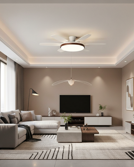 Lustre Ventilateur Crème Bois Noyer Rétro LED - B noyer D142cm / Luminosité réglable