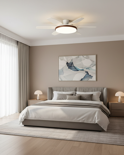 Lustre Ventilateur Crème Bois Noyer Rétro LED - B noyer D152cm / Luminosité réglable