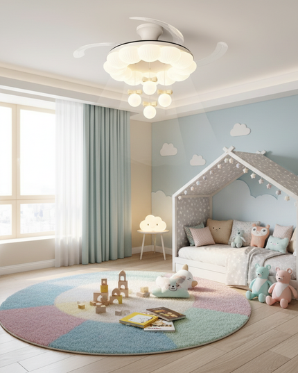 Lustre Ventilateur Crème Rétractable LED Silencieux - Carré 47 cm / Télécommande avec variation