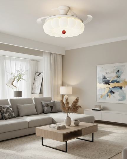 Lustre Ventilateur Crème Rétractable LED Silencieux - Rond 47 cm / Télécommande avec variation