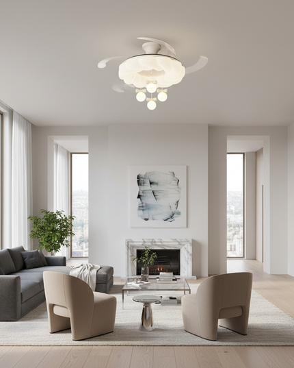 Lustre Ventilateur Crème Rétractable LED Silencieux - Suspension Coquillage Cristal / 110 V CA