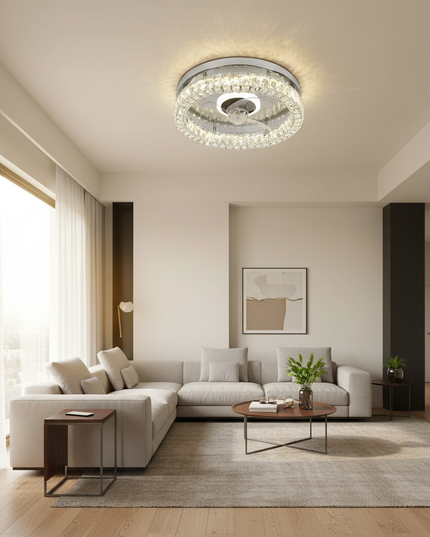 Lustre Ventilateur Cristal Chrome Pales Rétractables - Suspension Pétale / Télécommande avec variation / 110–240 V