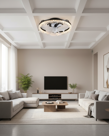 Lustre Ventilateur Cristal Invisible Doré - 47 cm - Rond Blanc / Variation infinie / 7 pales