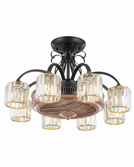 Lustre Ventilateur Cristal Rétractable Luxe Anion - Noir & Finition Noyer / 42 pouces