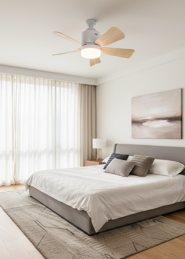 Lustre Ventilateur E27 RGB APP Silencieux - Blanc & Finition Noyer