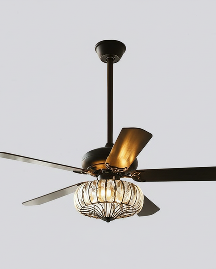 Lustre Ventilateur Fer Bois Ambré Rétro - Vue 1