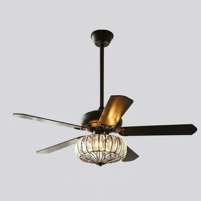 Lustre Ventilateur Fer Bois Ambré Rétro - Vue 1