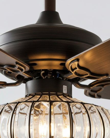 Lustre Ventilateur Fer Bois Ambré Rétro - Vue 2