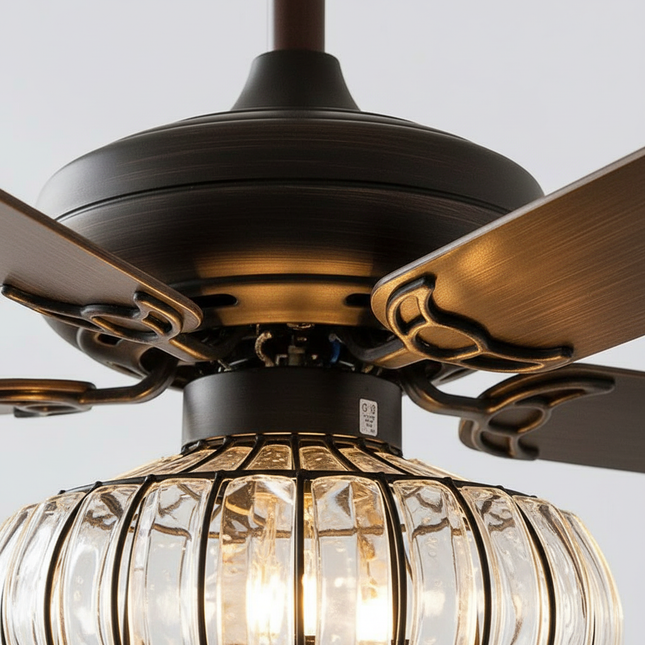 Lustre Ventilateur Fer Bois Ambré Rétro - Vue 2