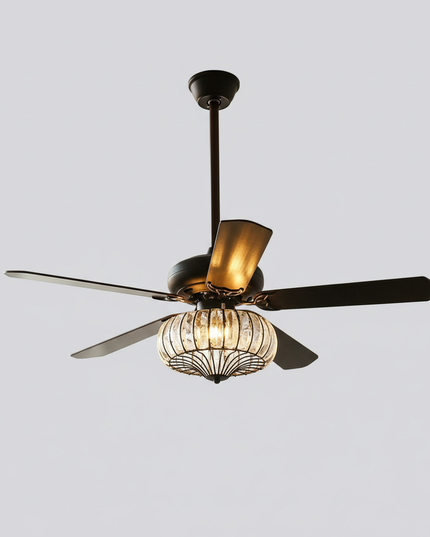 Lustre Ventilateur Fer Bois Ambré Rétro - Vue 3