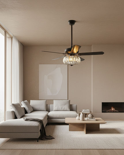 Lustre Ventilateur Fer Bois Ambré Rétro - Vue 4