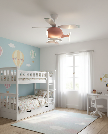 Lustre Ventilateur Hélicoptère Bleu LED Enfant - B - Noyer Ø 132 cm / radio / Lumière tricolore