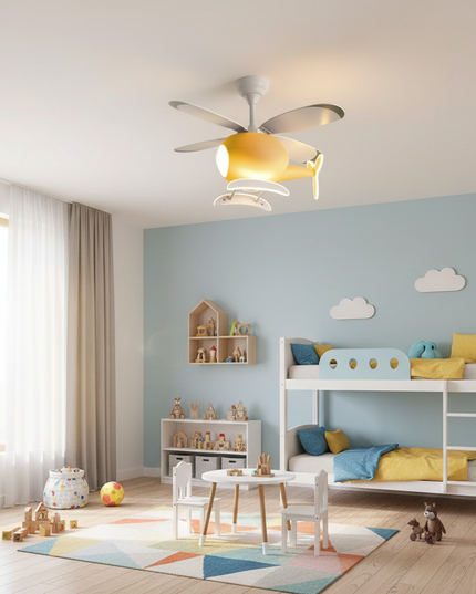 Lustre Ventilateur Hélicoptère LED ABS Enfant - A - Noyer Ø 152 cm / radio / Lumière tricolore