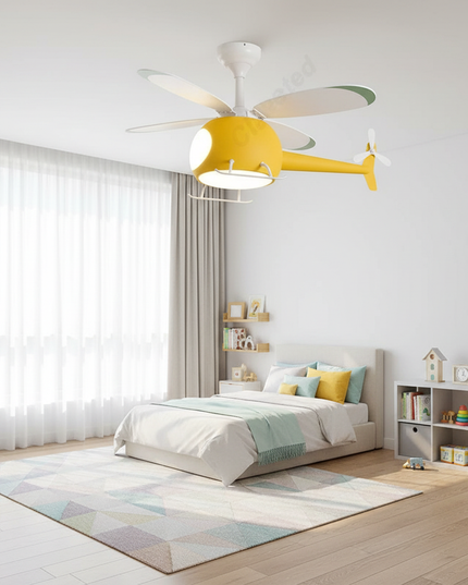 Lustre Ventilateur Hélicoptère LED ABS Enfant - B - Noyer Ø 152 cm / radio / Lumière tricolore