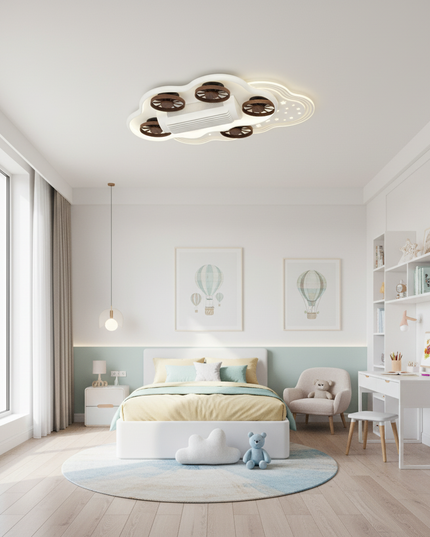 Lustre Ventilateur Invisible LED Silencieux - Blanc & Finition Noyer / 6 têtes / 180–260 V