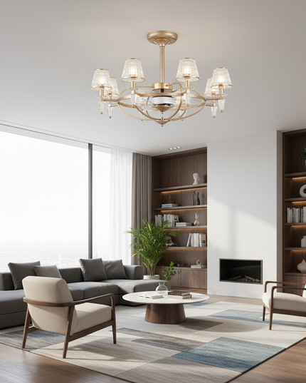 Lustre Ventilateur Luxe Cristal Invisible Anion - Blanc & Finition Noyer / 42 pouces