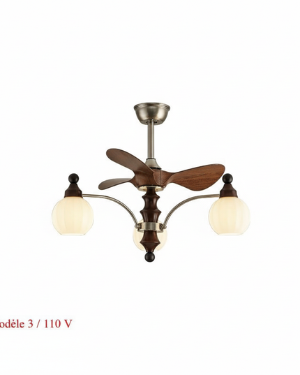Lustre Ventilateur Mid-Century Bois Verre Réversible - Modèle 3 / 110 V