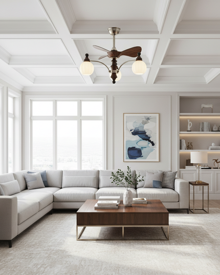 Lustre Ventilateur Mid-Century Bois Verre Réversible - Modèle 3 / 110 V