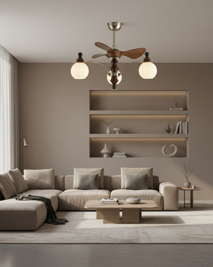 Lustre Ventilateur Mid-Century Bois Verre Réversible - Vue 4