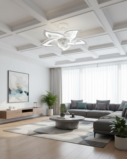Lustre Ventilateur Moderne Fleur Dimmable App - BLANC / 85-265 V