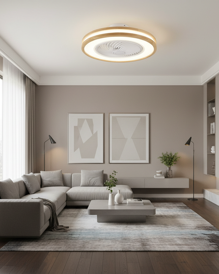 Lustre Ventilateur Nordique Bois Oscillante - Variable (Télécommande + Application) / Lumière