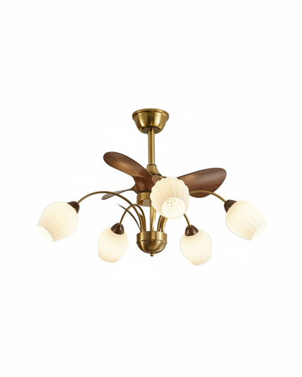 Lustre Ventilateur Nordique Bois Réversible Verre - B - 56 cm - 5 Lumières / 220 V