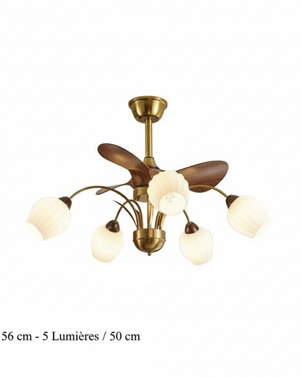 Lustre Ventilateur Nordique Bois Réversible Verre - B - 56 cm - 5 Lumières / 50 cm