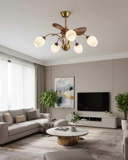 Lustre Ventilateur Nordique Bois Réversible Verre - B - 56 cm - 5 Lumières / 50 cm