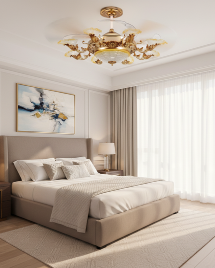 Lustre Ventilateur Pales Invisibles Cristal Doré - 8018 - Lumière bleue / 220 V