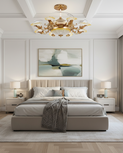 Lustre Ventilateur Pales Invisibles Cristal Doré - 8203 - Motif floral / 110 V