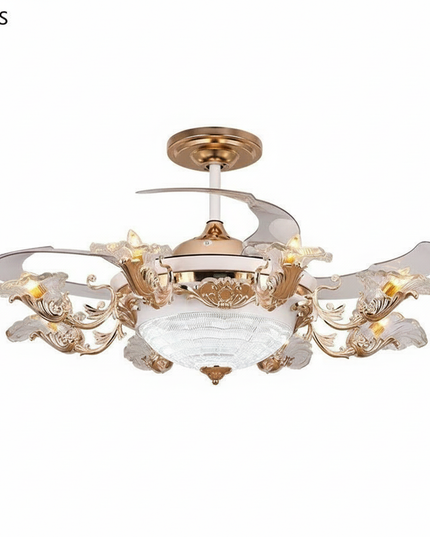 Lustre Ventilateur Pales Invisibles Cristal Doré - 8203 - Rose ronde / 220 V