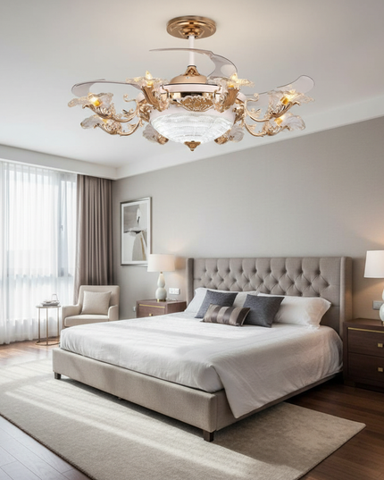 Lustre Ventilateur Pales Invisibles Cristal Doré - 8203 - Rose ronde / 220 V