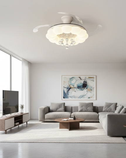 Lustre Ventilateur Pales Rétractables Crème Silencieux - 132 cm - ABS Blanc / Télécommande avec variation