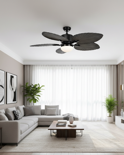 Lustre Ventilateur Palmier Bois Noir Télécommande - Noir